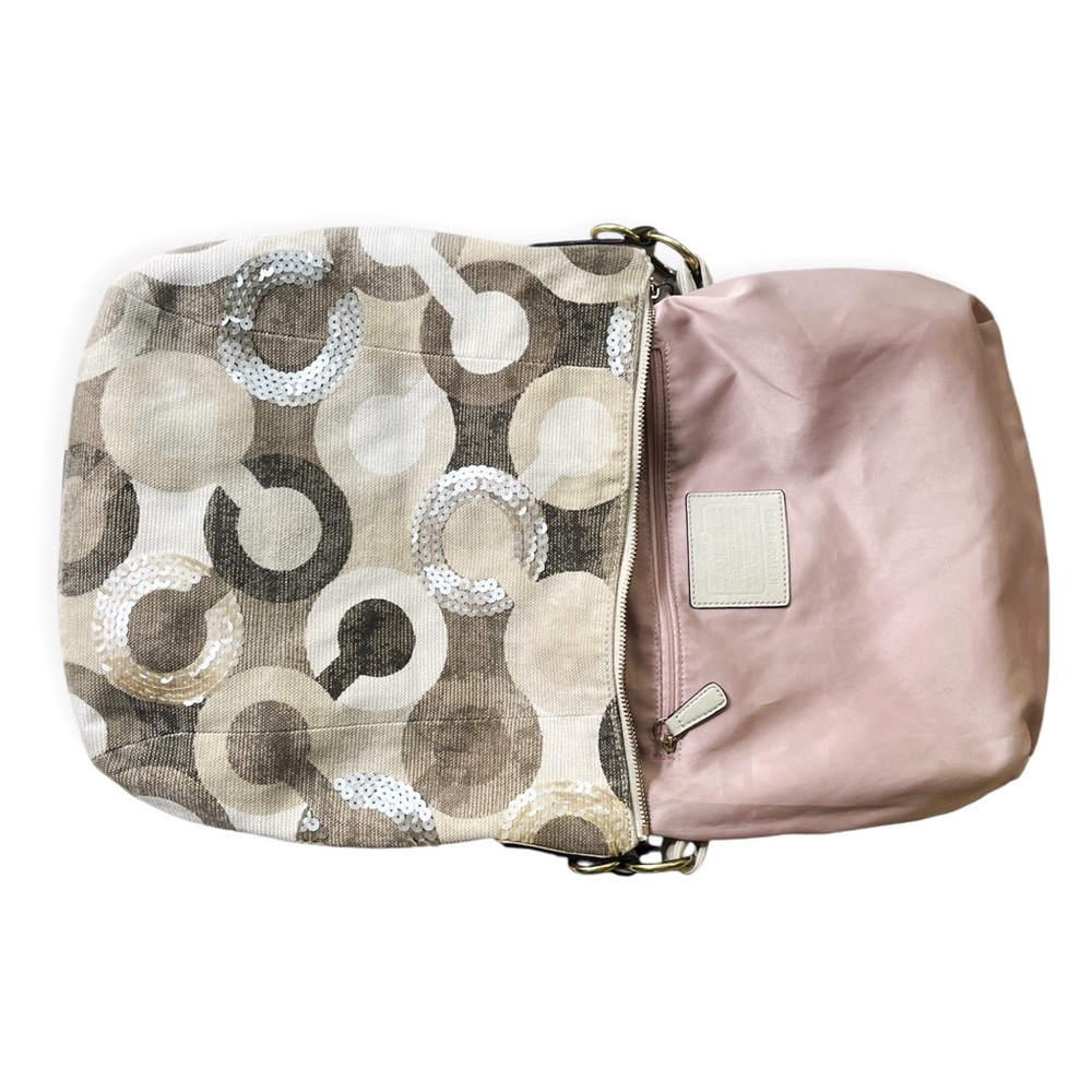 Coach Kristin Signature C Sequin Tan Ivory Khaki Canvas Hobo Tote Shoulder Bag - Picture 15 of 16